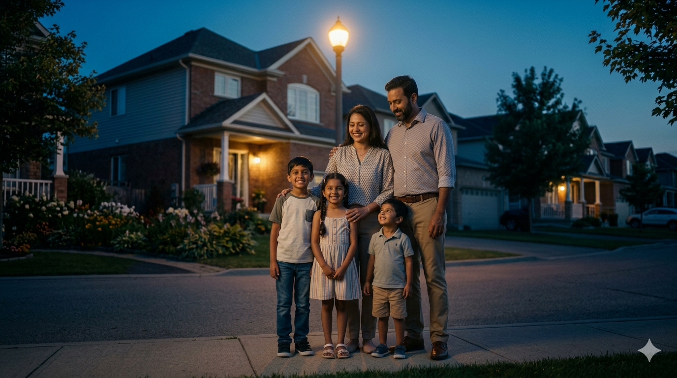 A family on their neighbourhood street at dusk